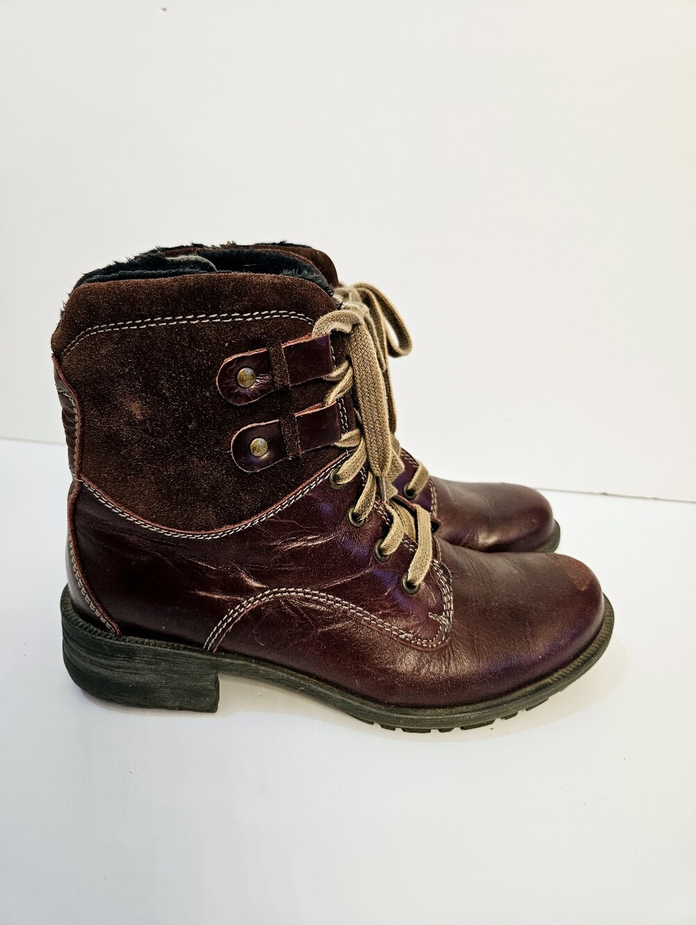 Josef Seibel Burgundy Leather Boots Size 37 US 6.5 Lace Front Side Zip